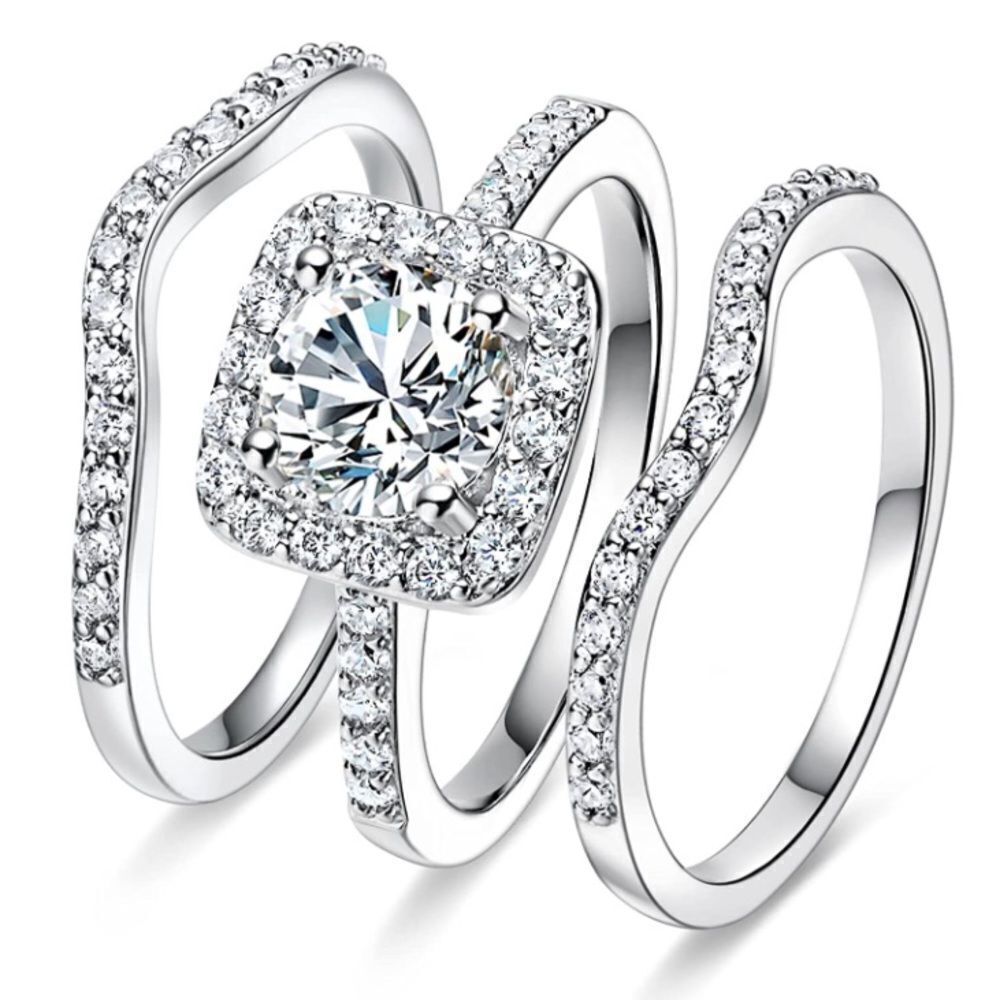 18K White Gold & White Diamond Cubic Zirconia Engagement Wedding Band Set 3 Pcs